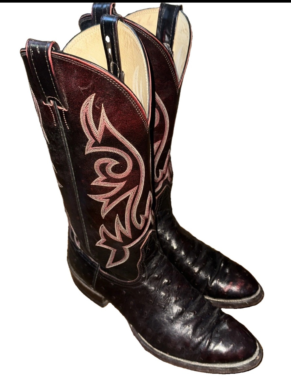 Nocona Ostrich Leather Cowboy Boots 10 B Black Cherry Western Maroon